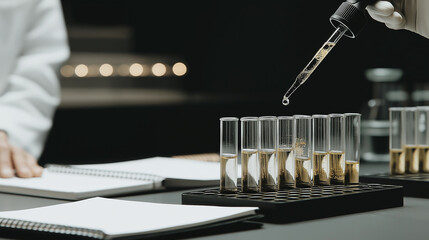 A scientist tests telomere repair in a molecular lab with enzymes mixing pipettes dispensing test tubes chilling and a notebook logging results presented in a meticulous photo