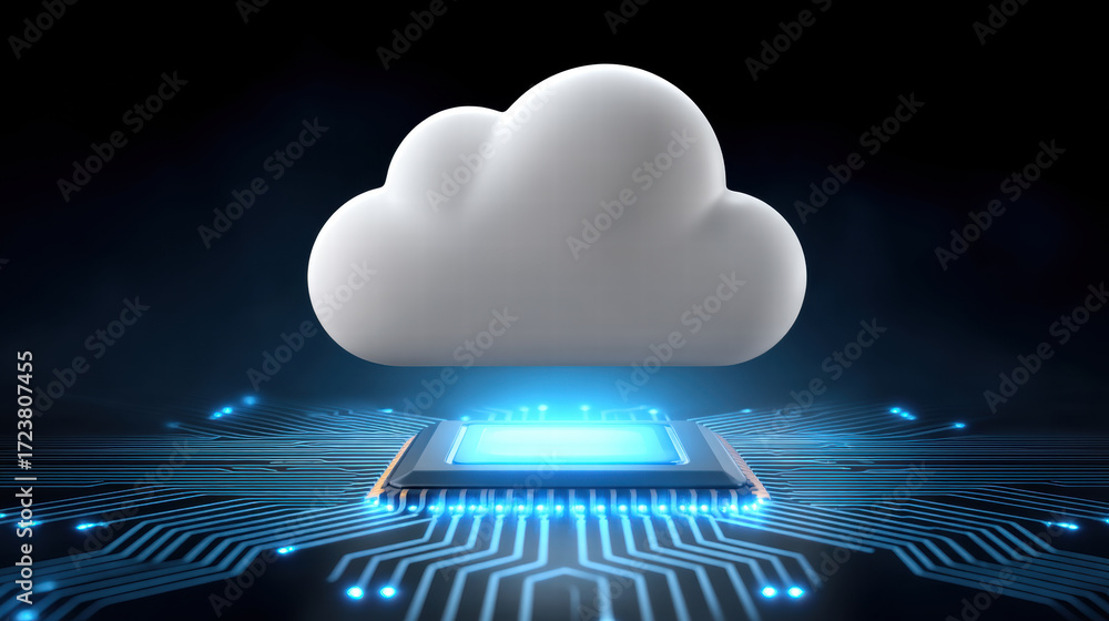 Poster ai chip in hybrid cloud ecosystem concept with glowing circuit board and digital cloud symbol repres