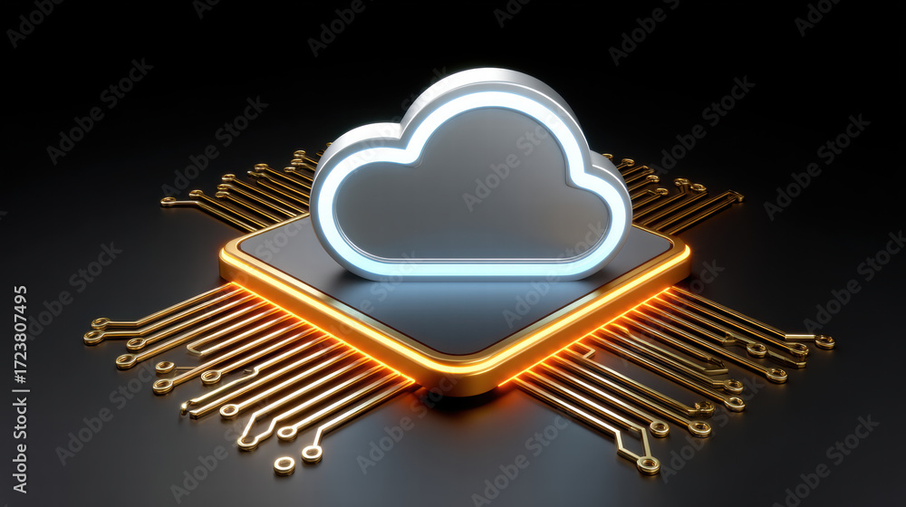 Poster ai chip in hybrid cloud ecosystem with glowing circuit and futuristic technology concept on black ba