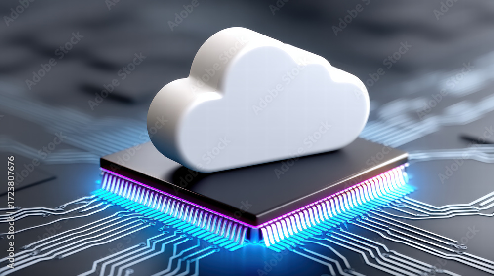 Poster ai chip in hybrid cloud ecosystem concept shows digital integration and innovation with glowing circ