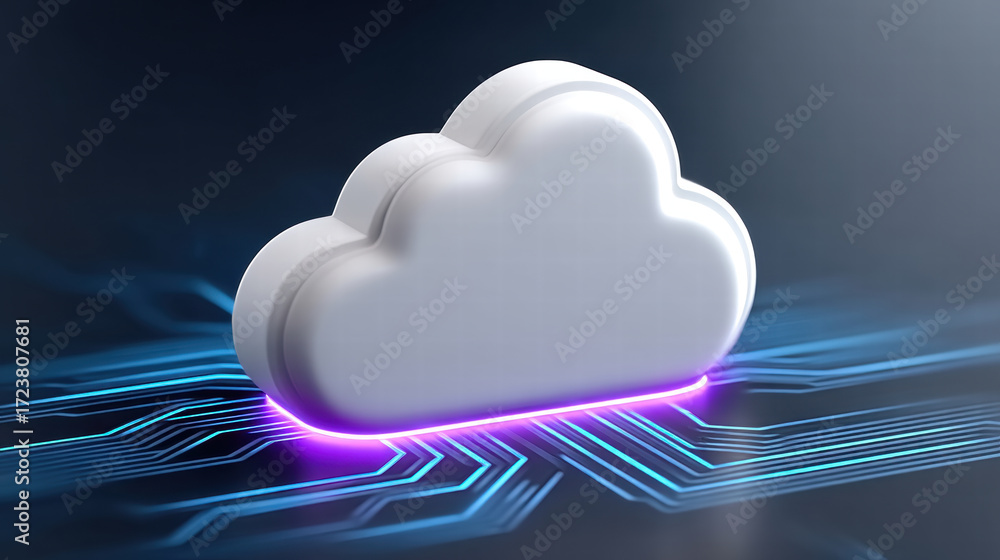 Poster cloud ecosystem with ai chip in hybrid environment showing digital connectivity and futuristic techn