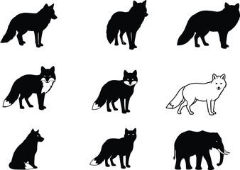 Naklejka premium Collection of fox silhouettes, wild animal illustrations, creative vector graphics including elephant and cat icons for wildlife nature design projects.