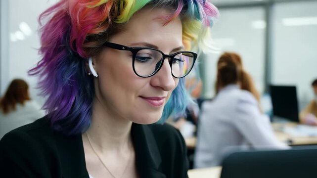 Young Caucasian woman with multi colored dread locks in front of laptop monitor in office. Working with precision, she uses her laptop in a bright and organized office space.