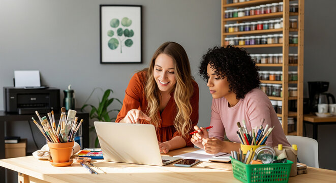 Two creative women collaborating on a design project using a laptop in a sunlit studio, sharing ideas and inspiration to develop innovative artwork together