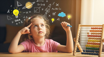 Brilliant young girl thinking creatively with math and science doodles around her head sparks imagination and academic potential for future success in learning