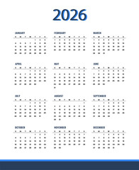 2026 year Calendar. Classical, minimalistic, simple design. White background. Vector Illustration.