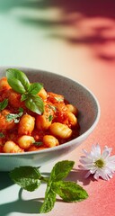 Close-up of gnocchi in a light gray bowl,  topped with tomato sauce and fresh basil, mint, and a sprinkle of herbs. Soft lighting and blurred background create a warm, inviting feel
