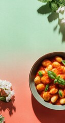 Bowl of gnocchi in tomato sauce,  with fresh herbs.  Pale green/coral gradient background
