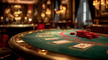 Luxury blackjack table inside elegant casino with poker chips, playing cards, golden lights, and gambling atmosphere