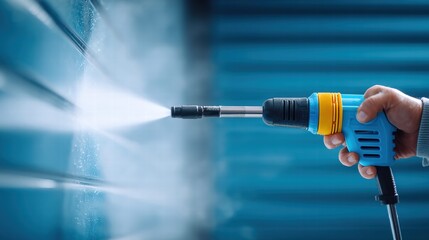 A person uses a pressure washer to clean an outdoor surface with water.