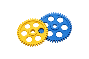 Two colorful plastic gears meshing together isolated on transparent background