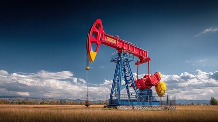 An oil pump extracts resources under a bright blue sky in a vast field of land.
