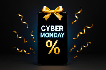 Cyber Monday Smartphone With Golden Bow And Confetti On Dark Background. Concept of Online Shopping Discounts, E Commerce Promotions, Seasonal Marketing Trends, And Modern Digital Sales