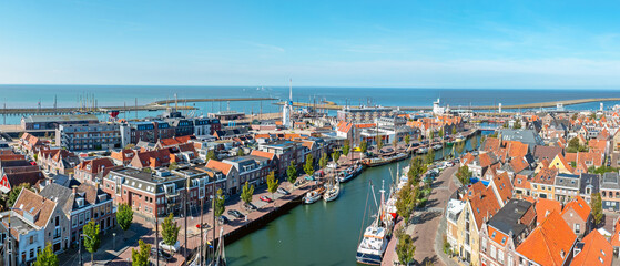 Aerial panorama from the historical town Harlingen at the Wadden Sea in the Netherlands