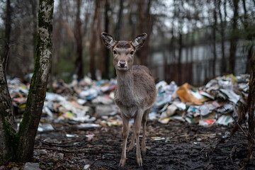 Fototapeta premium A poignant image of a deer standing amidst a polluted landscape, highlighting environmental concerns and wildlife vulnerability.