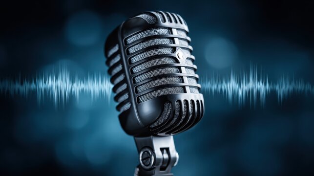A classic microphone captures sound waves, ideal for music, podcasts, and audio projects.