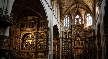 Ornate Interior of an Ancient European Church with Golden Altars and Stained Glass Windows.