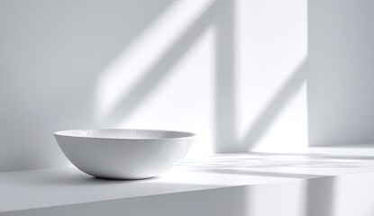 Clean, minimalist white bowl on a white surface, bathed in sunlight