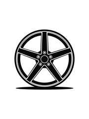 Black five spoke alloy car wheel rim on white background