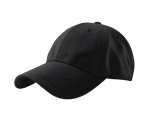 Side profile of black baseball cap mockup with curved visor isolated on white background with clipping path PNG