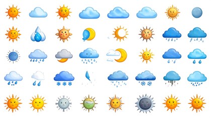 Fototapeta premium Colorful illustrated weather icons, including sun, clouds, rain, snow, and moon phases, arranged in a grid on a white background