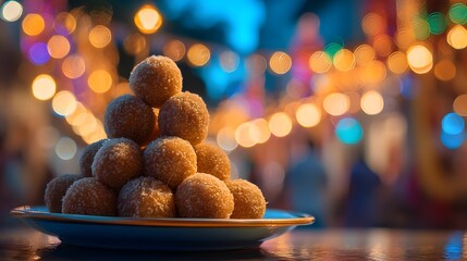 A plate of laddu sweets stacked in a pyramid shape. Colorful lights create a festive atmosphere, typical of Dussehra and Diwali celebrations in India.