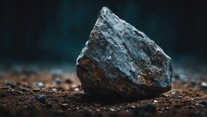 Close-up of a large gray rock on dark earth