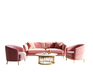 Minimalist Art Deco pink furniture set with sofa and armchair accented by brass floor lamp isolated on transparent background PNG