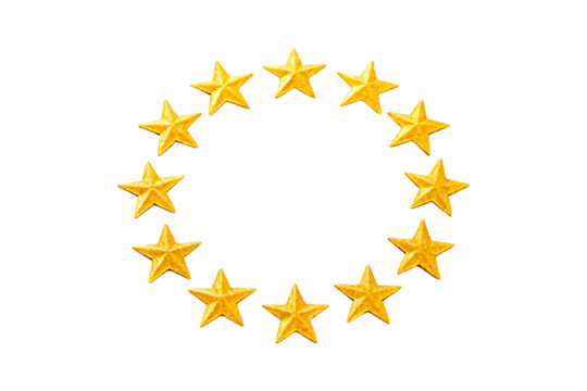 Twelve golden stars arranged in a circle isolated on transparent background