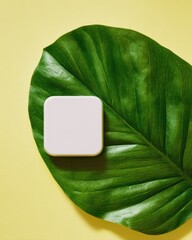 Blank square box rests on vibrant green leaf