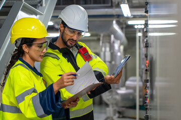 A manager and worker discuss HVAC inspection, ensuring efficiency and safety in a modern manufacturing facility.
