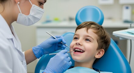 Fototapeta premium Little Boy Receiving Dental Checkup at Dentist Office