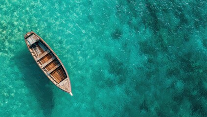 Aerial view of a solitary wooden boat drifting on crystal clear turquoise ocean water.