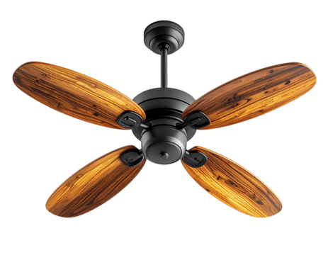  Modern ceiling fan with wooden blades and matte black motor housing front view isolated on transparent background PNG