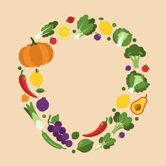 Flat design vector illustration of fruits and vegetables in a circle frame.