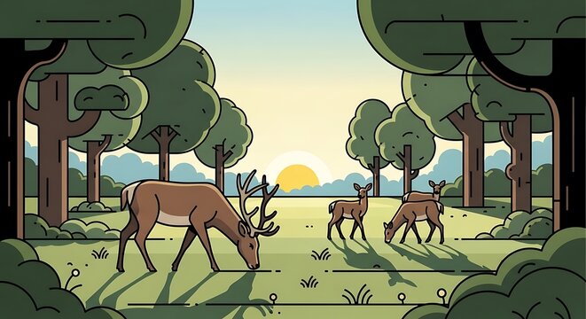Deer Grazing at Sunrise.