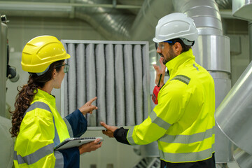 Industrial engineers examining chillers, condensers, and pipelines for maintenance and repair in manufacturing facilities.