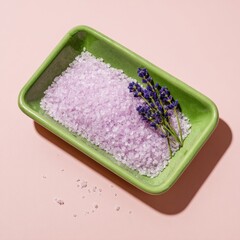 Light purple bath salts in a green dish with sprigs of lavender