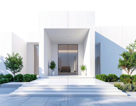  Contemporary white cubic building with entrance steps and greenery front view isolated on transparent background PNG
