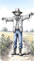 A scarecrow stands on a path