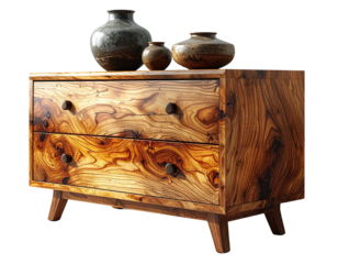  Side perspective of a drawer with wooden texture and ceramic decor items isolated on transparent background PNG