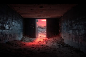 A dark subterranean passageway.  A doorway, bathed in vibrant pink and red light, leads to a vibrant sunset or sunrise, suggesting escape or an otherworldly realm