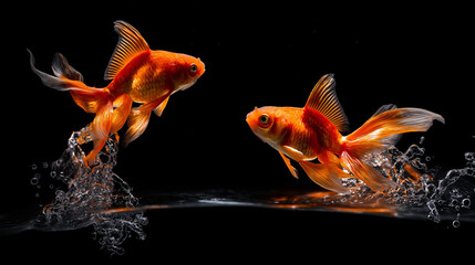 directional. A vibrant goldfish mid-leap, frozen in time against a dark aquatic backdrop with sparkling droplets. wildlife magazines.
