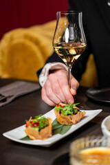 Elegant dining scene with a man in formal attire holding a glass of white wine, gourmet appetizers on a white plate, fine table setting, and plush seating in a refined restaurant