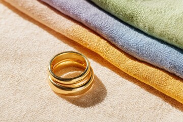 Gold rings atop a stack of pastel-colored fabrics