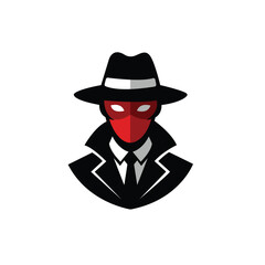 Vector Illustration of Mysterious Man in Suit, Hat, and Red Mask – Secret Agent, Spy, or Mafia Logo Design