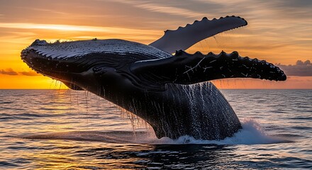 Fototapeta premium Whale breaching at sunset.