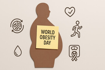 World obesity day poster with paper cut silhouette of overweight person and health icons encouraging awareness and active lifestyle