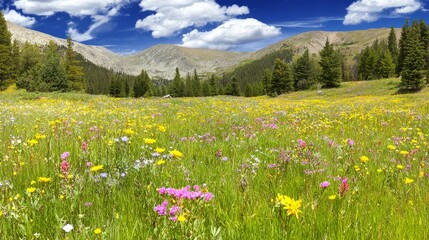Obraz premium Wide meadow filled with colorful wildflowers under bright summer sky with mountain peaks in background, scenic outdoor lifestyle nature scene