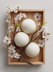 Three round, light-colored objects rest in a light wooden box, surrounded by delicate cherry blossoms